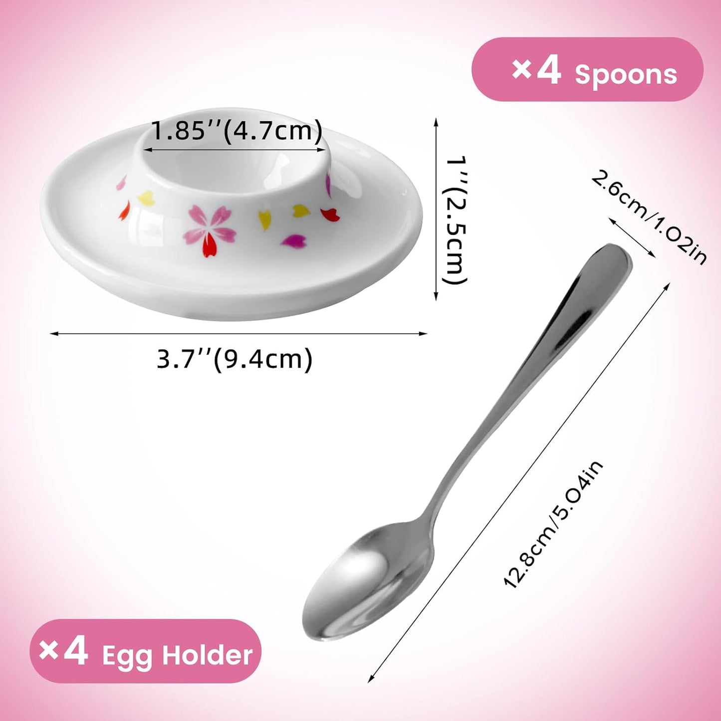 Cinf Ceramic Sakura Egg Holder Set of 4 Porcelain Holder With 4Stainless Steels Egg Spoons Breakfast Boiled Cooking Easy to Clean Childhood Memories Kitchen