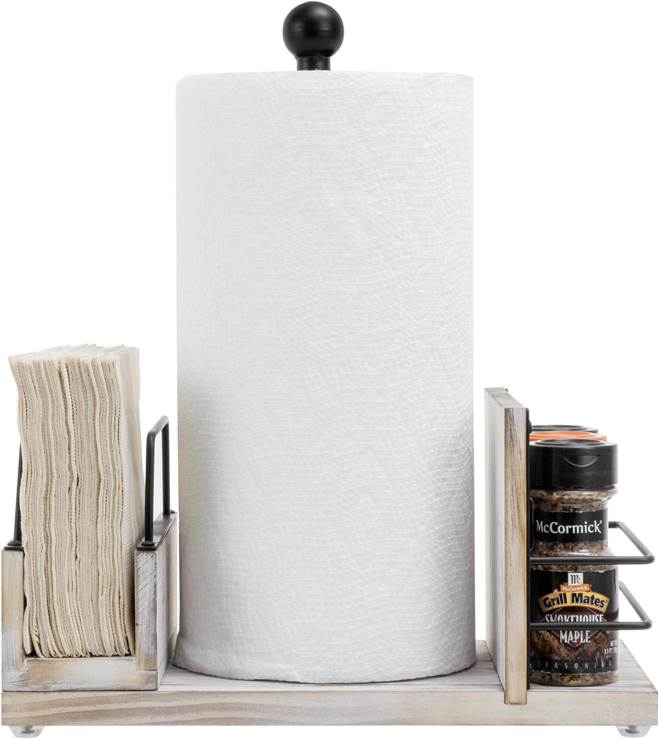 MyGift All-in-One Paper Towel Holder Kitchen Caddy, Shabby Chic Whitewashed Solid Wood and Industrial Matte Black Metal Dining Combo Rack with Paper Towel Dispenser, Napkin Holder, and Spice Rack