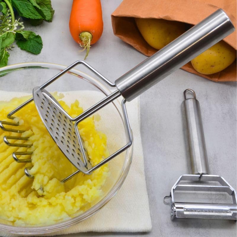 3-in-1 Multi-Peeler Stainless Steel Potato Masher Set,2-Piece Kitchen Tools for Peeler Vegetables,Carrots,Apple and Masher,Banans,Puree Making