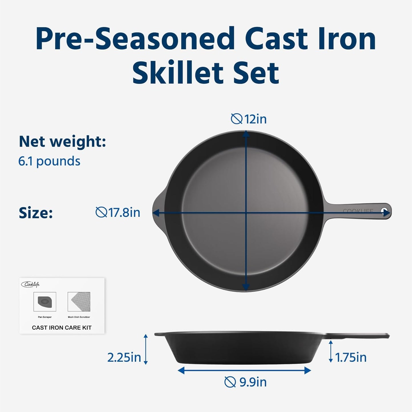 COOKLIFE 12 Inch Lightweight Pre-Seasoned Cast Iron Skillets with Handle Cover - Smooth Polished Surface, Easy to Clean Cast Iron Pan Use in the Oven, on the Stove or Grill, Over a Campfire