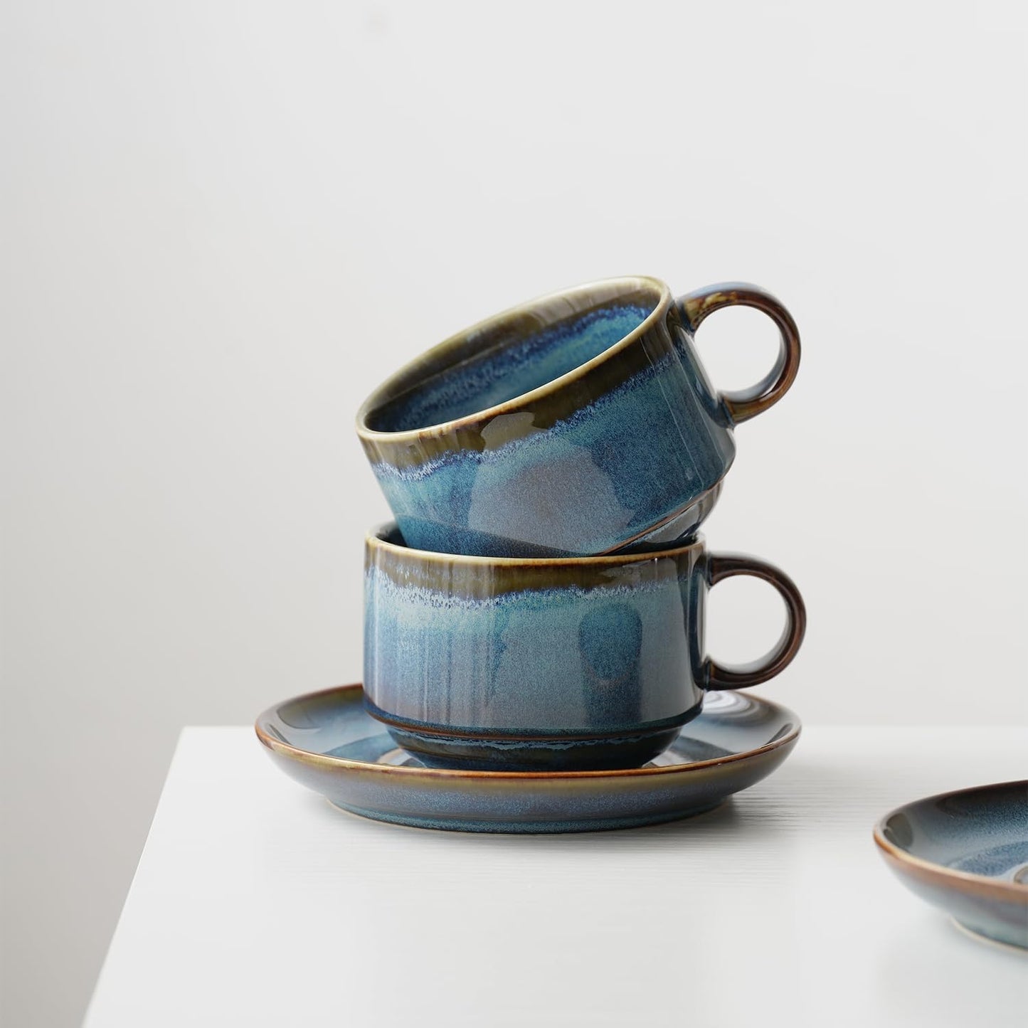 Ceramics 10oz Cappuccino Cups with Sacuer, Set of 2, Coffee Cup for Au Lait, Latte, Tea, Mocha-Set of 2, Dishwasher and Microwave, Reactive Blue