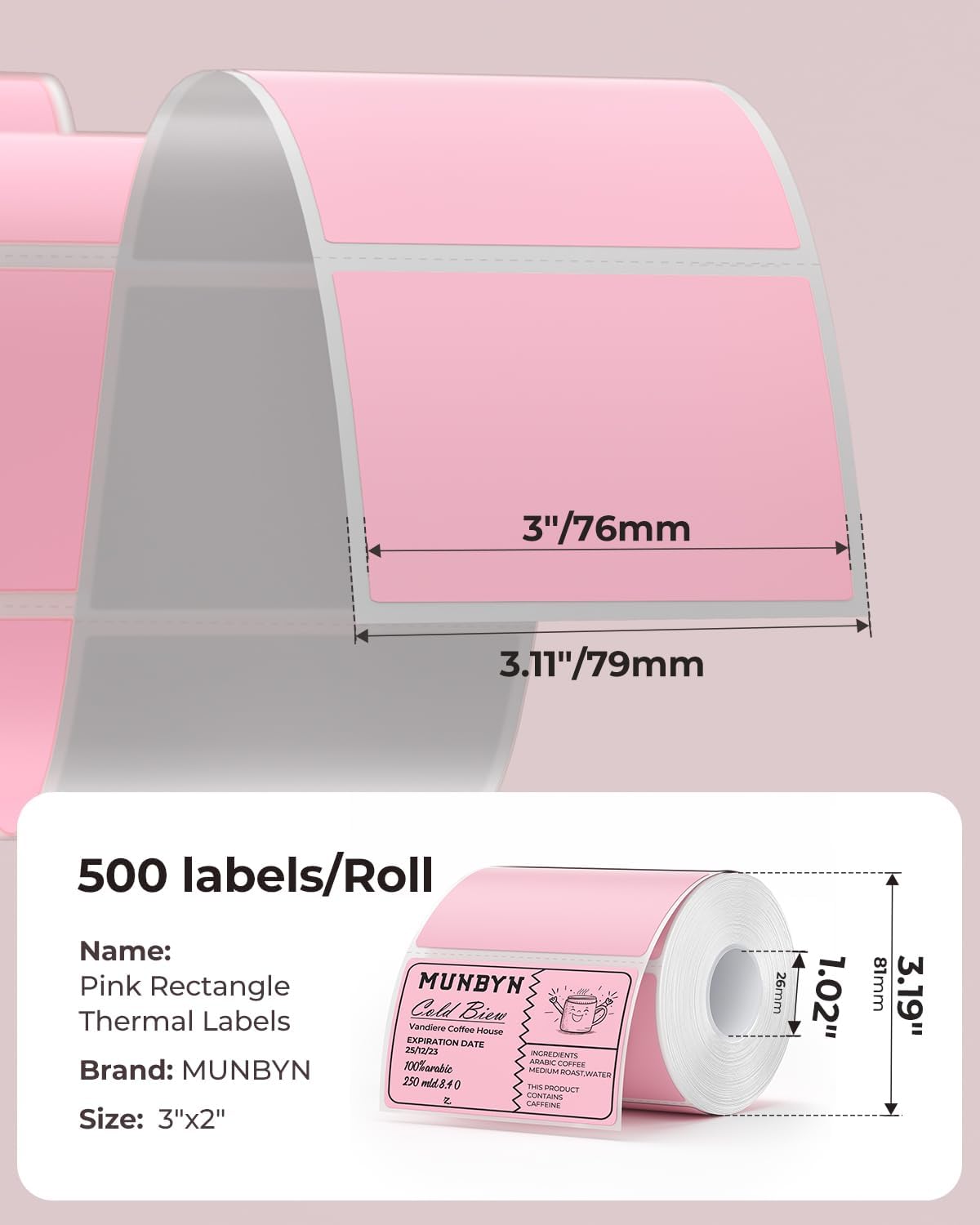 MUNBYN 3x2 Inch Pink Thermal Labels, Thermal Sticker Labels for Price, Barcode, Mailing, Name, 500 Sheets/1 Roll