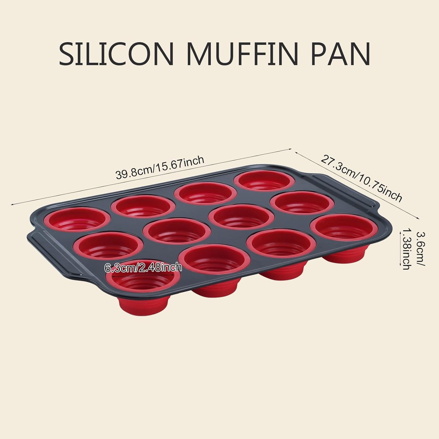 Silicone Muffin Pan, 12 Cups Cupcake Pans with Metal Frame Nonstick Muffin Tins Easy to Pop Out for Baking Cupcake Egg Bites BPA-free Cupcake Pan Mold (12 Cups-Red)