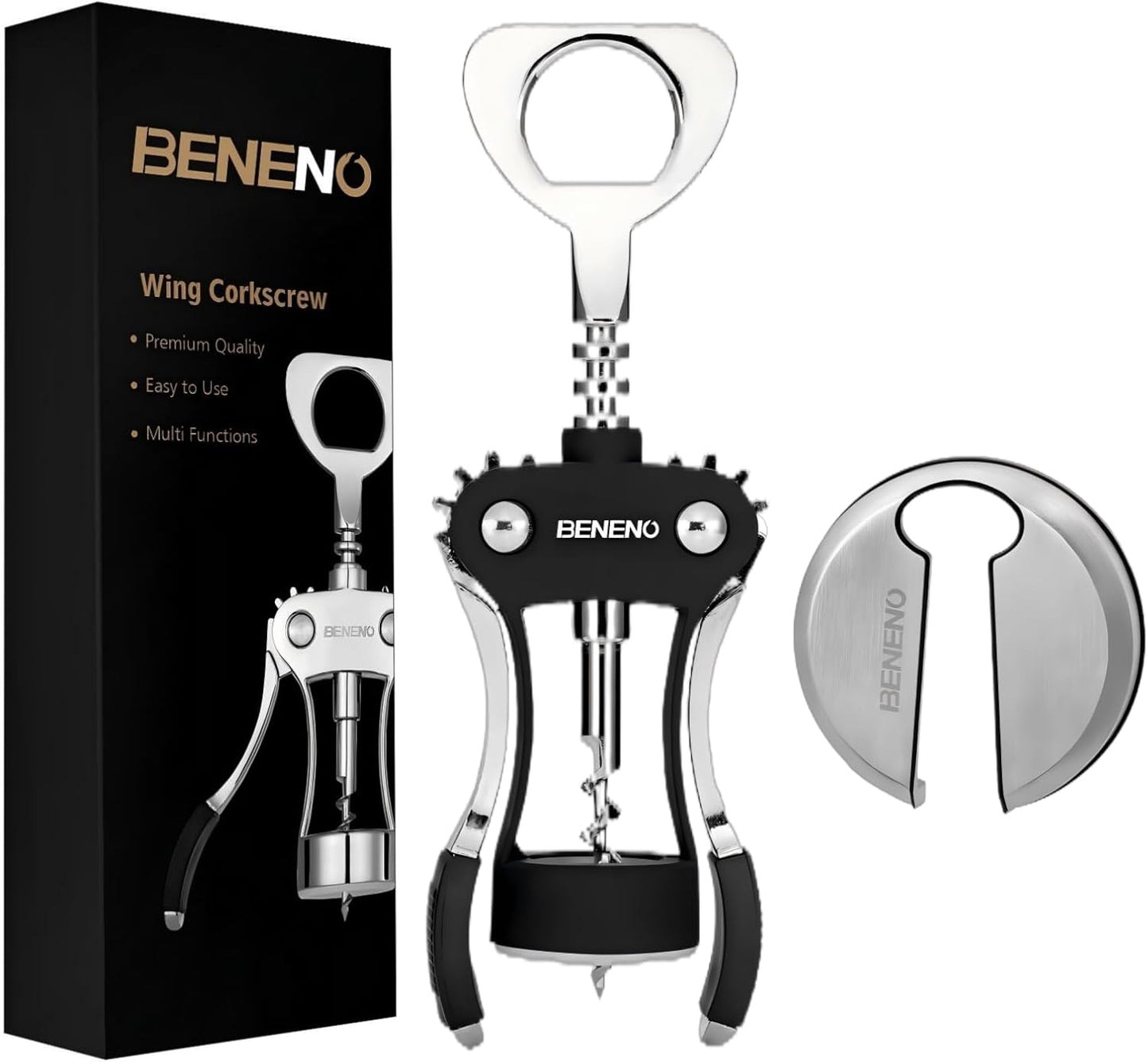 Beneno Wine Opener with Stainless Steel Wine Foil Cutter - Bottle Top Seal Cutter, Zinc Alloy Premium Wing Corkscrew with Multifunctional Bottles Opener, Upgrade Black Set
