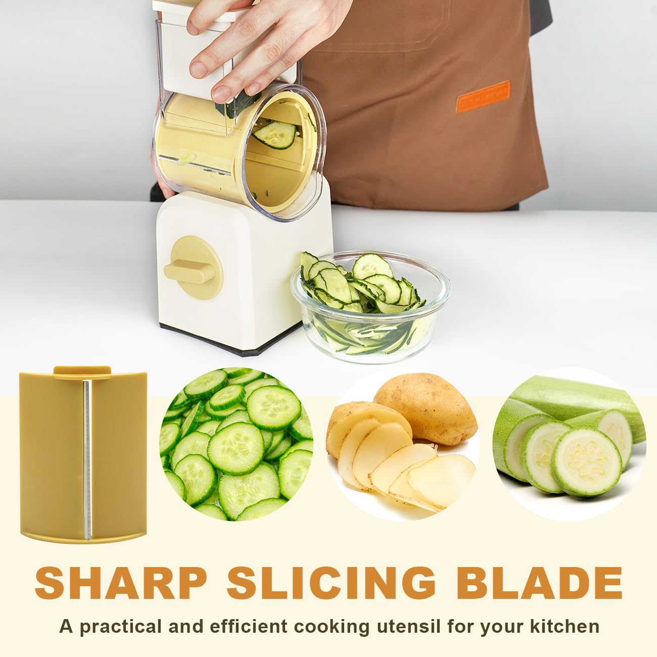 3 in 1 Cheese Grater, Rotary Cheese Grater with Handle for kitchen, Vegetable Slicer with 3 Replaceable Stainless Steel Blades,Peeler and Rubber Gloves (White)