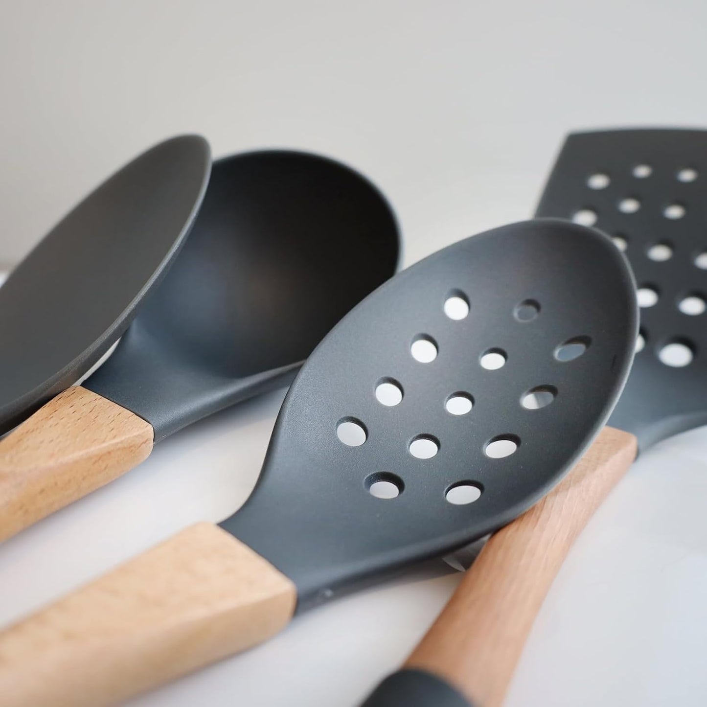 Beille Grey Nylon Spoon with Wooden Handle Kitchen Utensils High Heat Resistance, 13 Inch