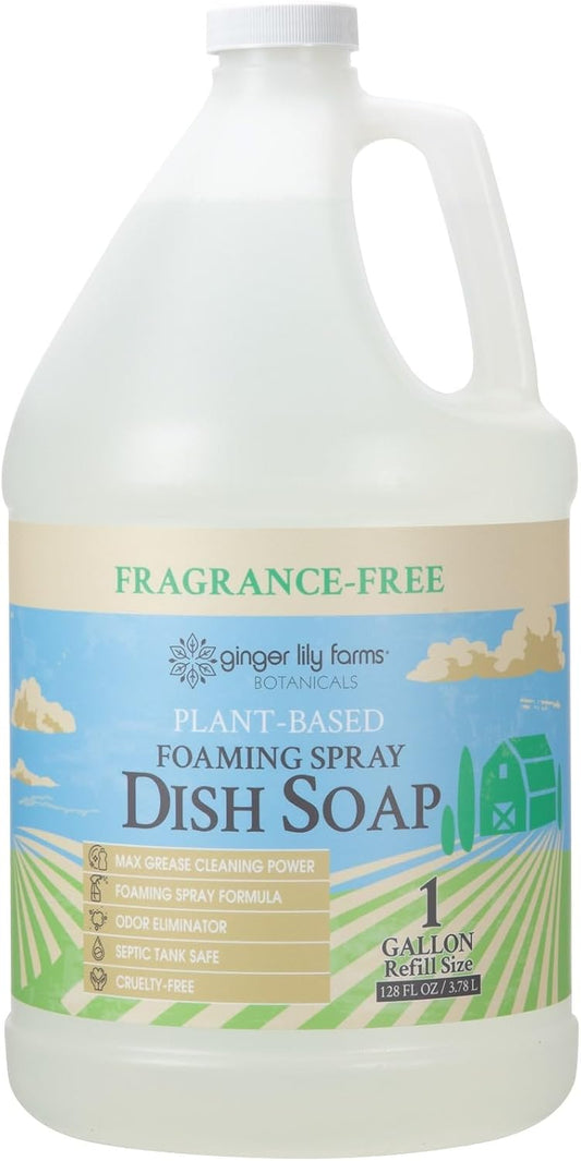 Ginger Lily Farms Botanicals Plant-Based Foaming Spray Dish Soap, Concentrated Formula with Max Grease Cleaning Power, Cruelty-Free, Fragrance-Free, 1 Gallon Refill (128 Fl Oz)
