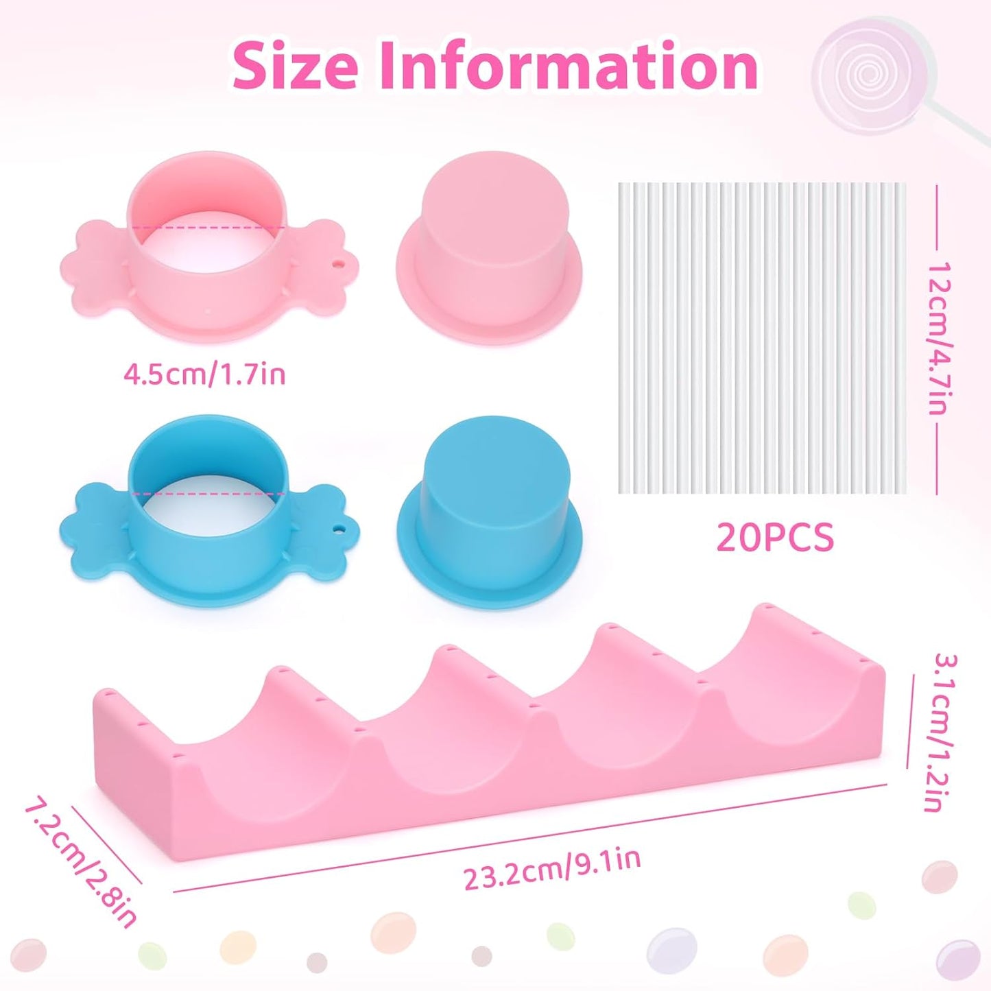 15 Holes Silicone Cake Pop Stand for Drying, Lollipop Display Holder with 2 Candy Shaped Cake Pop Mold Set & 20Pcs Sticks for Birthday Cake Decorations (Pink&Blue, 23P)