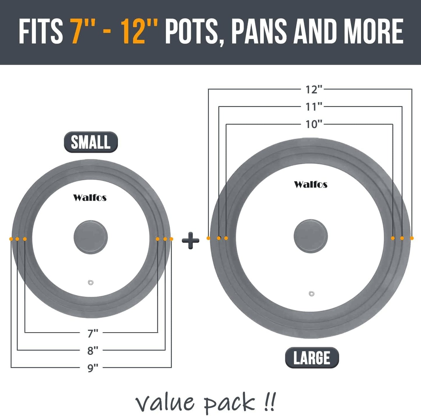 Universal Lid for Pots, Pans and Skillets - Walfos Tempered Glass Pan Lid with Heat Resistant Silicone Rim, BPA Free Large Pot Lids Fits 7" to 12" Diameter Cookware, Dishwasher-Safe, Grey