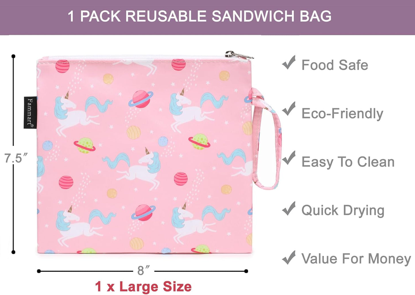 Reusable Sandwich Bag/Snack Bag for Kids & Adults, Dual Layer Lunch Bag with Handle, Washable, Food Safe, BPA Free (1-Pack, Planet Unicorn)