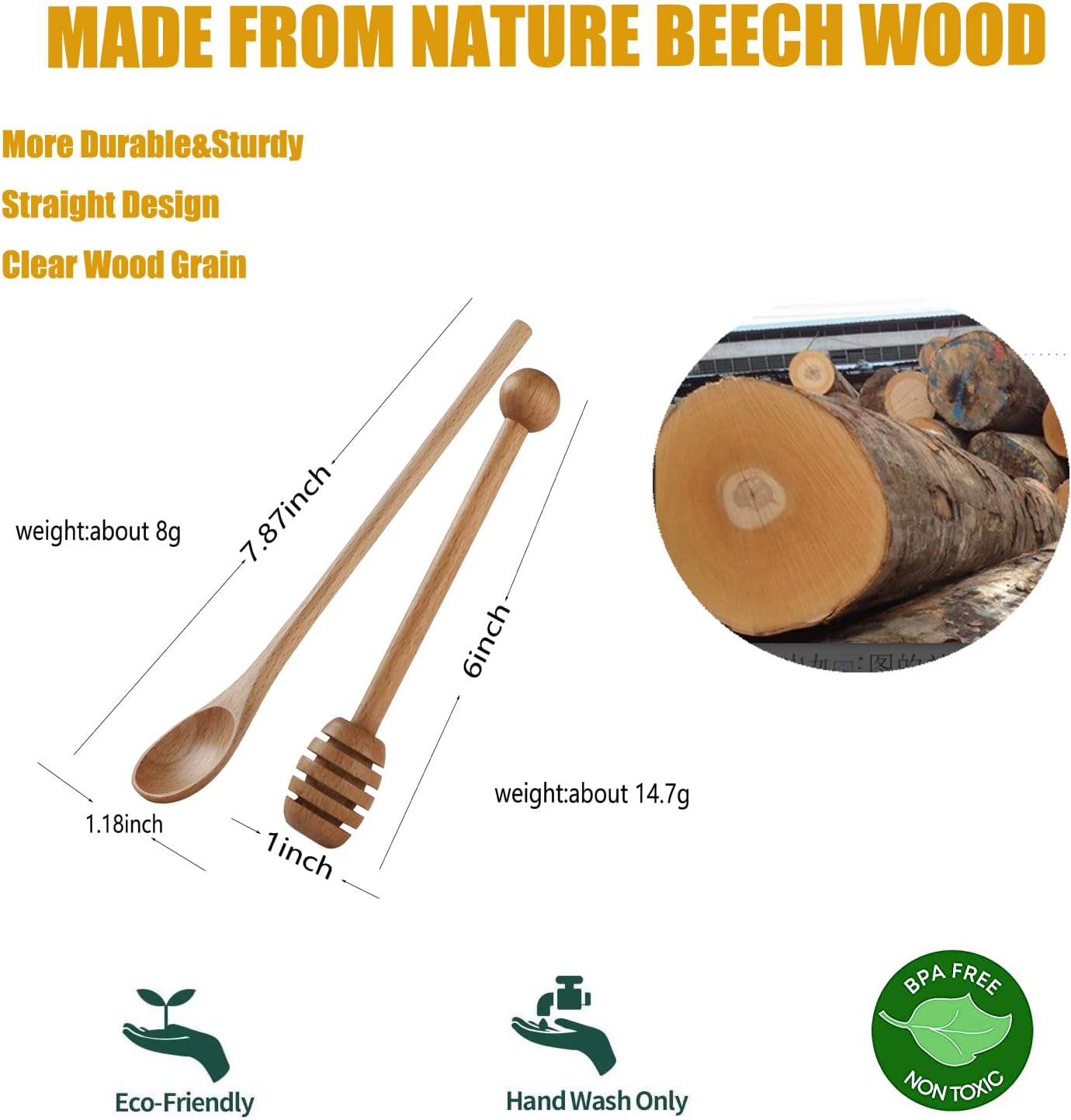 2pcs 6inch Honey Dipper Stick,2pcs 7.87inch Long Handle Coffee Stirring Spoons,Beech Wooden Honey Jar Spoons Stirrer,Dessert Iced Tea Cocktail Mixing Spoons for Home Kitchen,Wedding Party Favors