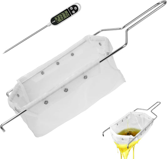 Fryer Filter Bag & Frame Set, Reusable Oil Strainer for 70 lb Cooking Oil, Fine Mesh to Capture Crumbs, Durable for Home & Commercial Use, with 1 Professional Food Thermometer