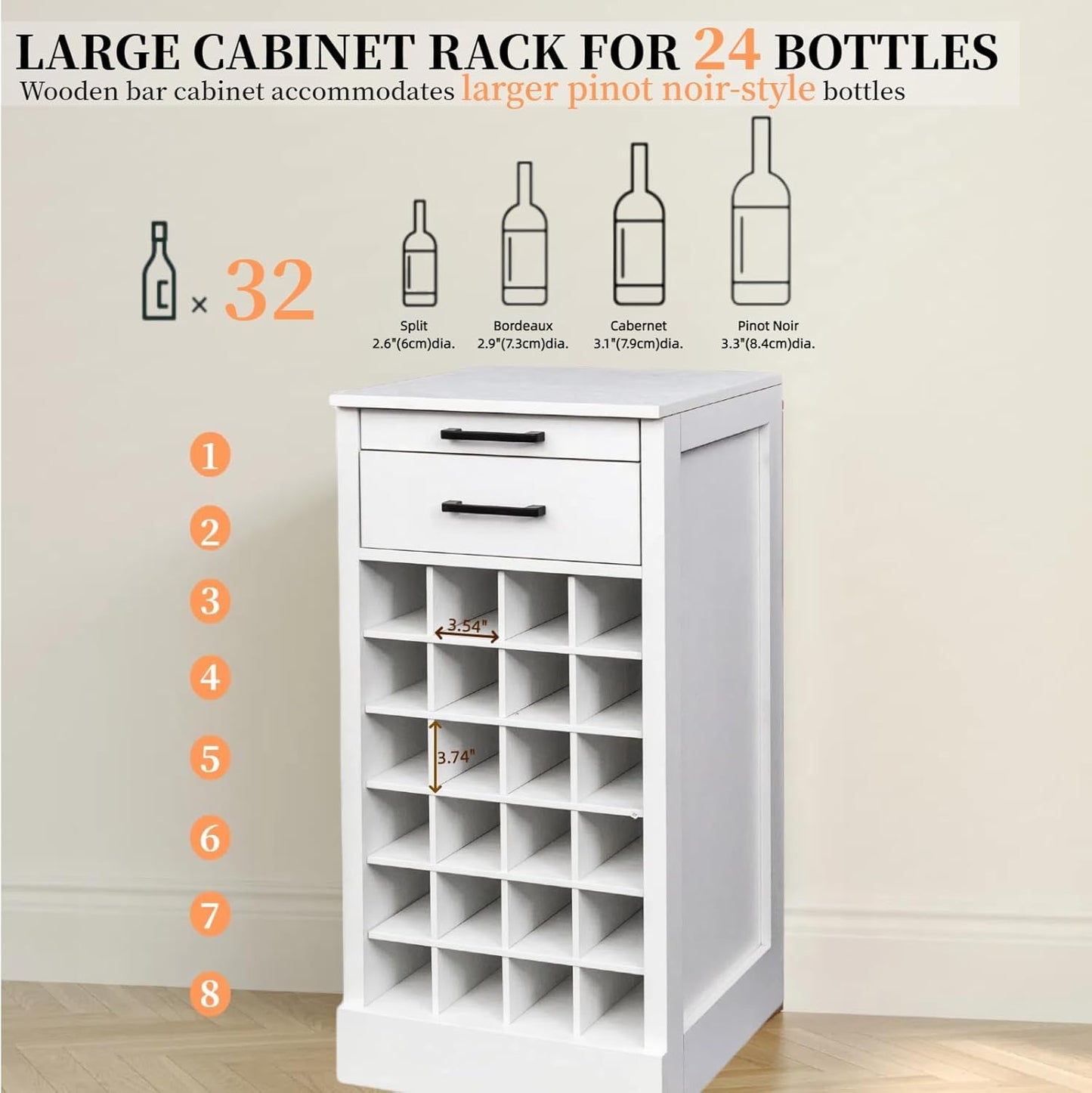 WERSMT 6-Tier Wine Rack Freestanding Floor with 2 Drawers, 24 Bottles Wood Wines Racks Counter for Small Space, Farmhouse Stackable Modular Wine Bottle Holder Rack, White