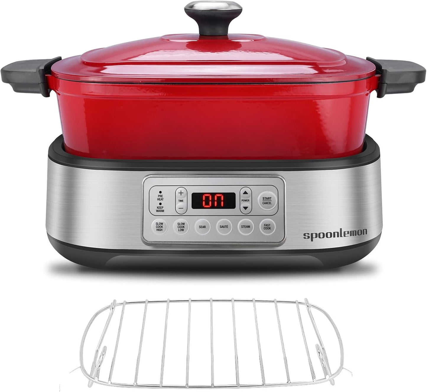 Electric Dutch Oven Multi-Cooker, 5.8QT Enameled Cast Iron Pot - 1250W Fast Heating, 6 Preset Functions, Digital Display & Keep Warm, Oven Safe Pot To 392℉, with Removable Pot, Steam Rack