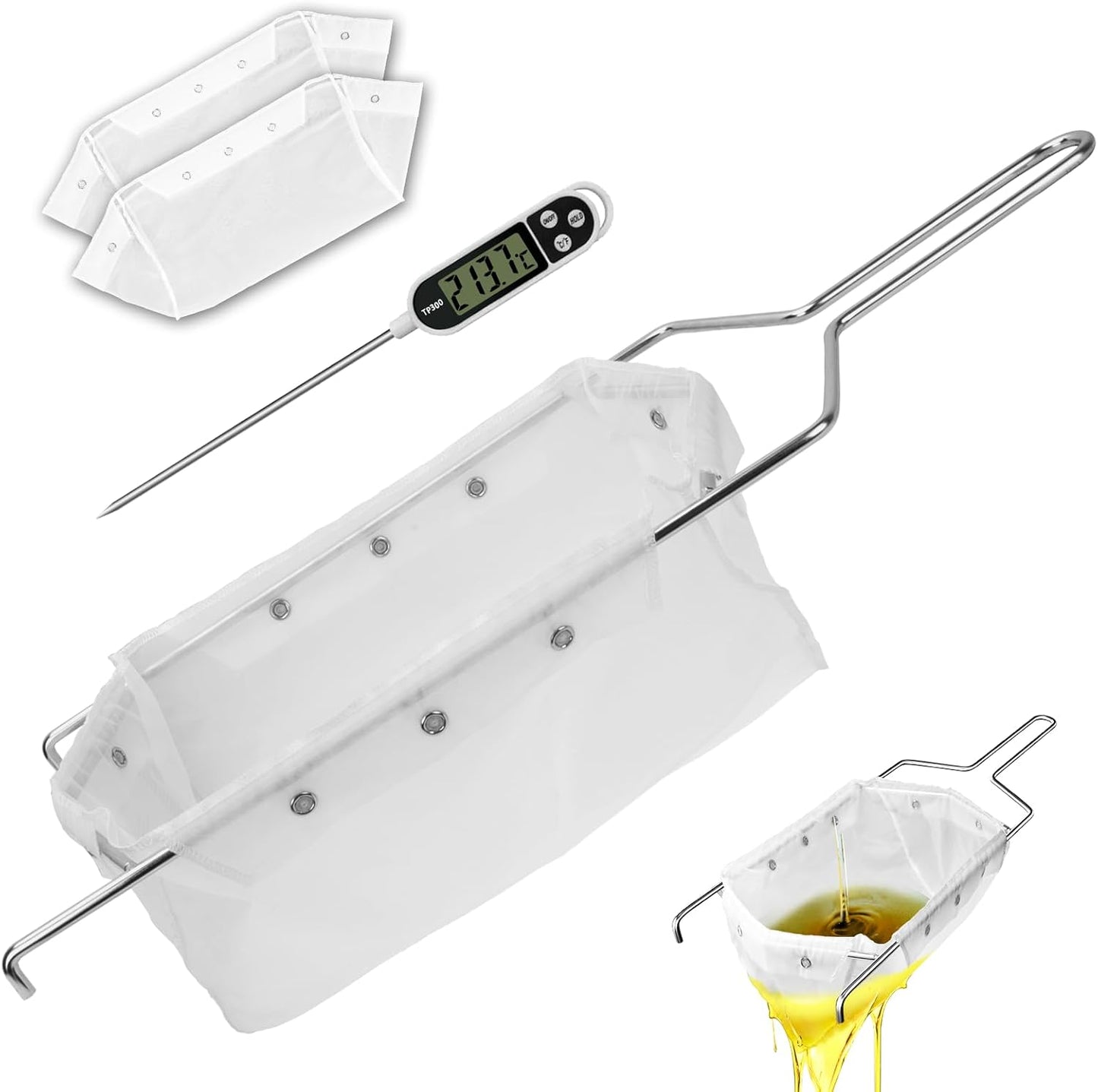 Fryer Filter Bag & Frame Set, Reusable Oil Strainer for 70 lb Cooking Oil, Fine Mesh to Capture Crumbs, Durable for Home & Commercial Use, with 1 Professional Food Thermometer