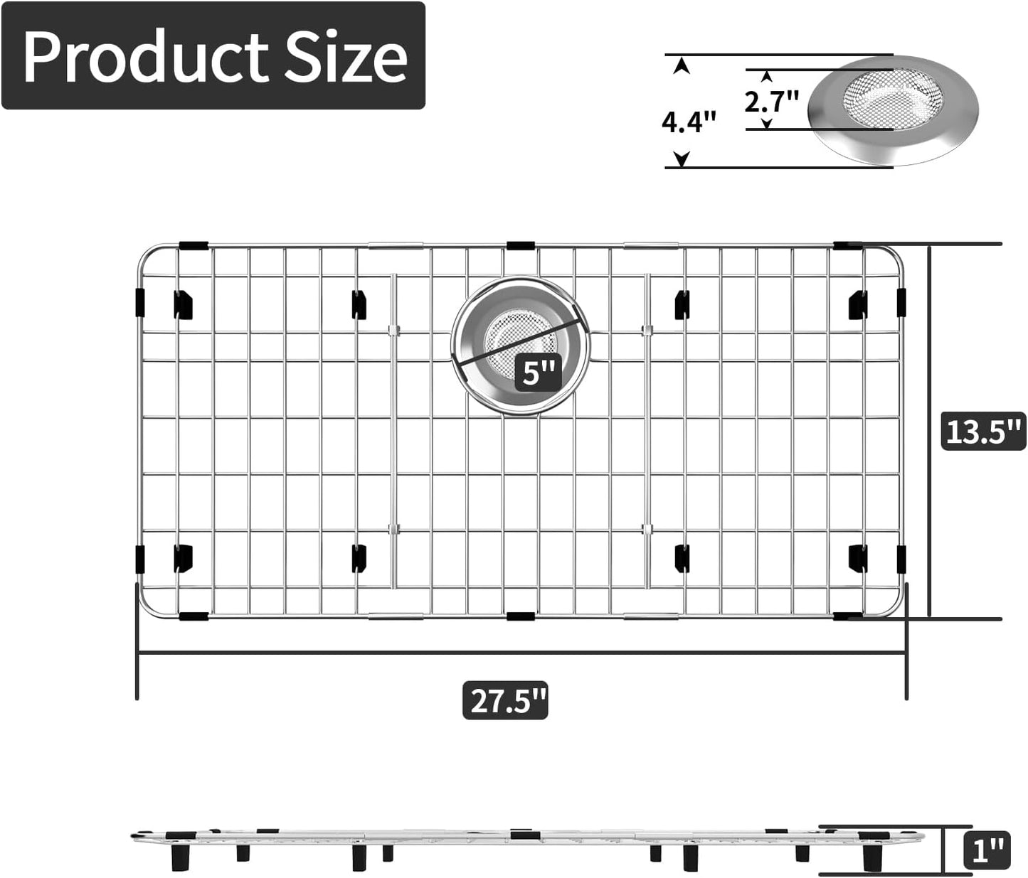 27.5’’ x 13.5’’ Stainless Steel Sink Protector, Sink Protectors for Kitchen Sink, Sink Grid, Sink Grate for Bottom with Rear Drain, Metal Sink Rack for Bottom of Sink with Corner Radius