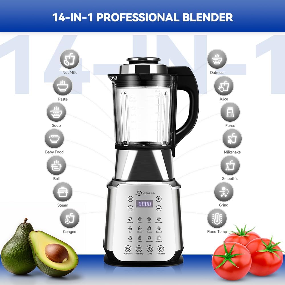 Glass Blenders for Kitchen 59oz, Stainless Steels Professional Blenders 1200W adjustable P1-P9 High Speed, 14 Functions Countertop Blender Smoothie & Food Processor Combo with Heating, Auto Clean