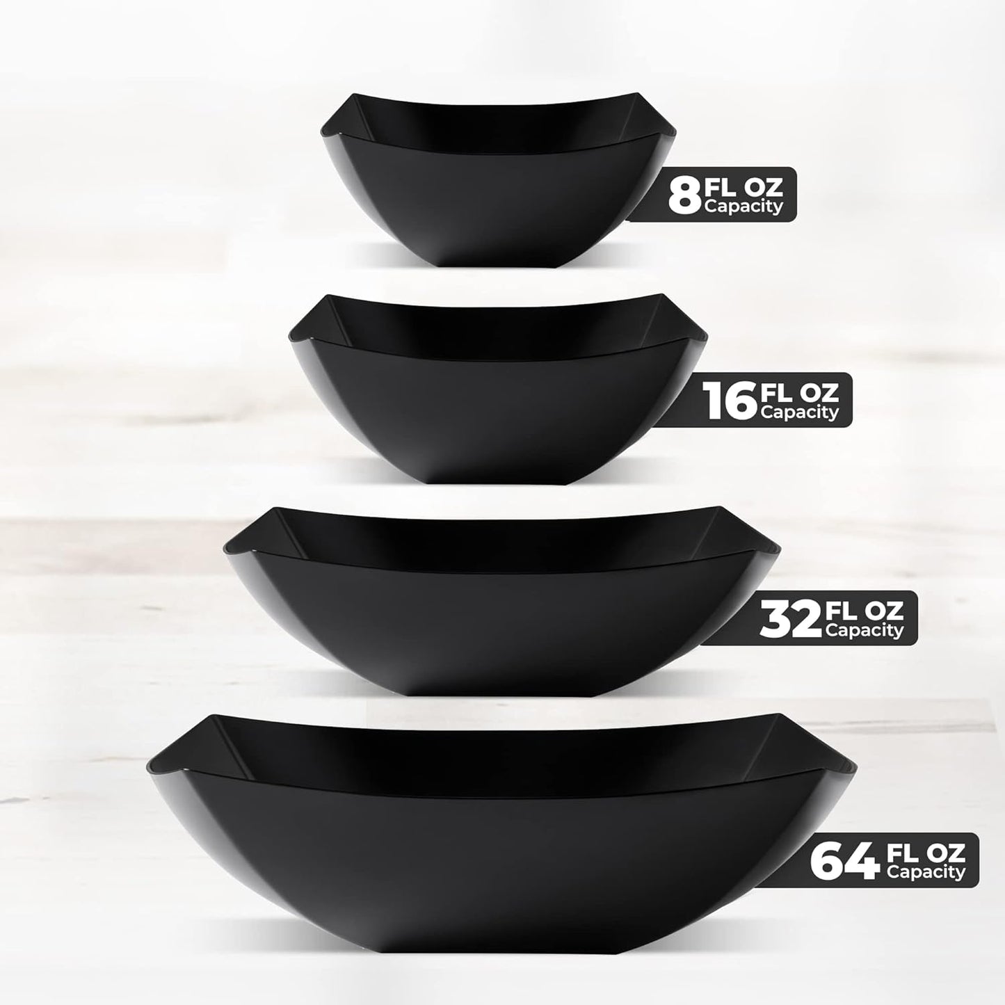 Posh Setting - Black Plastic Serving Bowls for Party (8oz - 4 Pack) Square Bowls, Disposable Chip Bowls, Candy Bowls for Party Table, Salad & Fruit Bowls for Party, Candy Containers for Candy Buffet