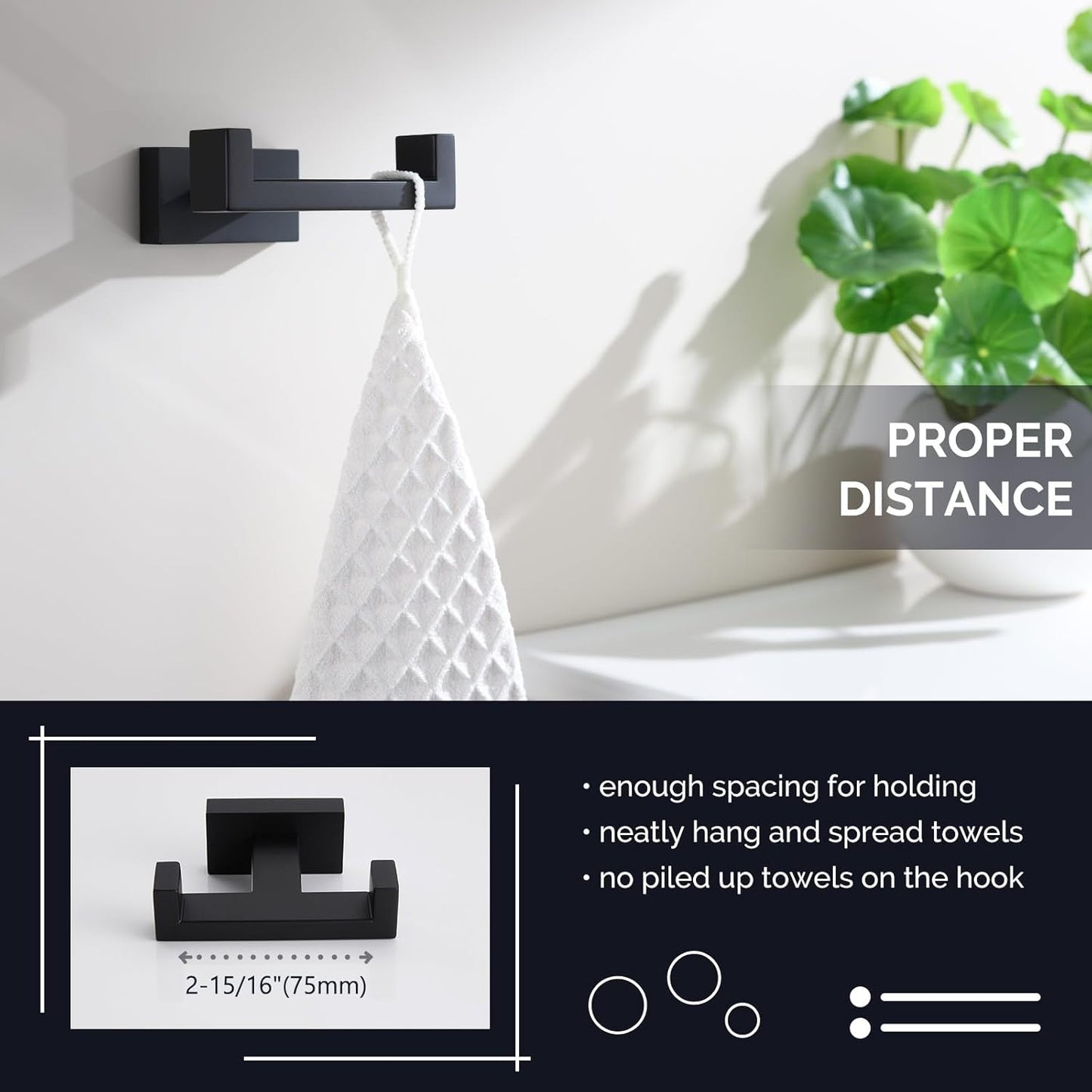 Angle Simple Double Towel Hook Matte Black, Stainless Steel Bathroom Towel Holder, Coat Robe Hook Wall Mount