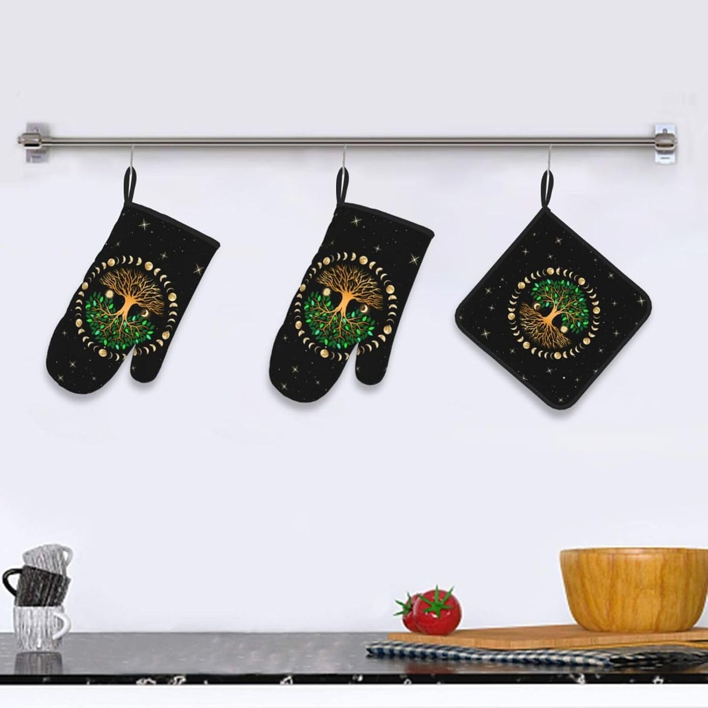 Black Oven Mitts and Pot Holders Sets of 3 Heat Resistant Hot Pads Ancient Life Tree Decorative Oven Gloves for Cooking Grilling Baking Kitchen Moon Luna Hippy Decor