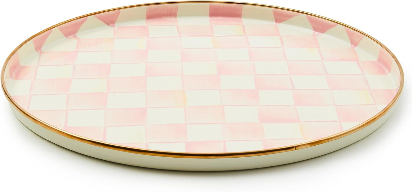 MACKENZIE-CHILDS Enamel Round Tray, Unique Serving Platter for Food and Drinks, Pink-and-White Rosy Check