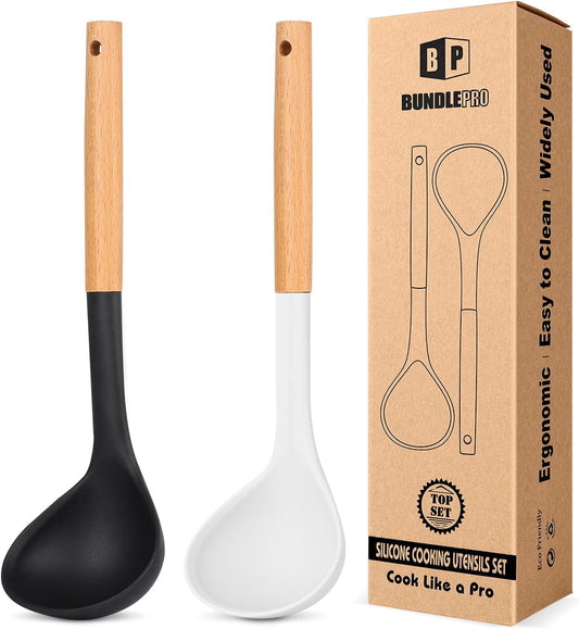 Pack of 2 Soup Ladle, Silicone Ladle Spoon with Wooden Handle, Large Non Stick High Heat Resistant Kitchen Utensils for Cooking, Stirring, Serving Soups(BLACK-WHITE)