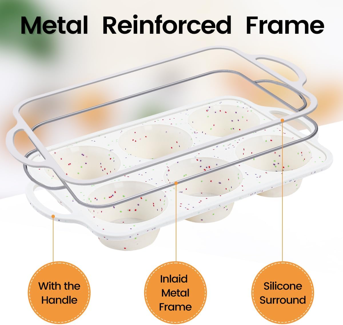 FUNBAKY Jumbo Muffin Pan Silicone with Metal Frame, 3.5 Inch Large Silicone Muffin Pan 1 Pack Confetti