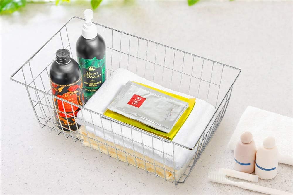 SANNO Freezer Baskets for Storage Pantry Large Metal Wire Food Storage Organizer Bin Basket with Handles - for Kitchen Cabinets, Pantry, Bathroom, Laundry Room, Closets, Garage - Chrome，2 pack