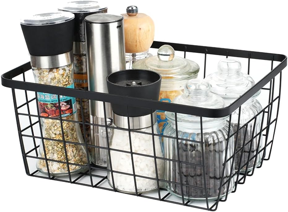 Kitchen Metal Wire Baskets with Handles Food Storage Organizer, Household Refrigerator for Cabinets,Pantry,Bathroom,Black,4 Pack