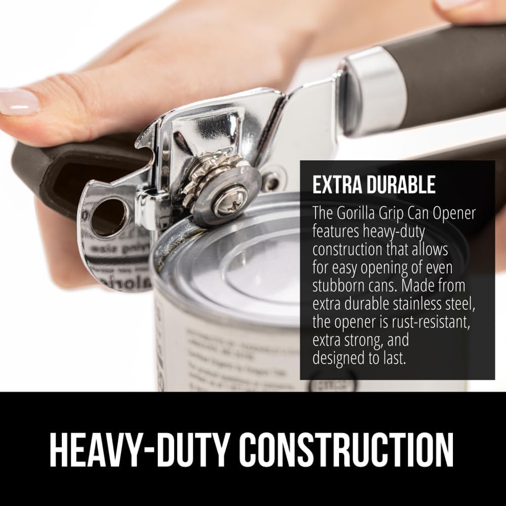 GORILLA GRIP Heavy Duty Stainless Steel Smooth Edge Manual Can Opener and Bottle Openers, Soft Comfortable Handle, Oversized Handheld Turn Knob, US Designed Multifunctional Kitchen Tool, Coffee