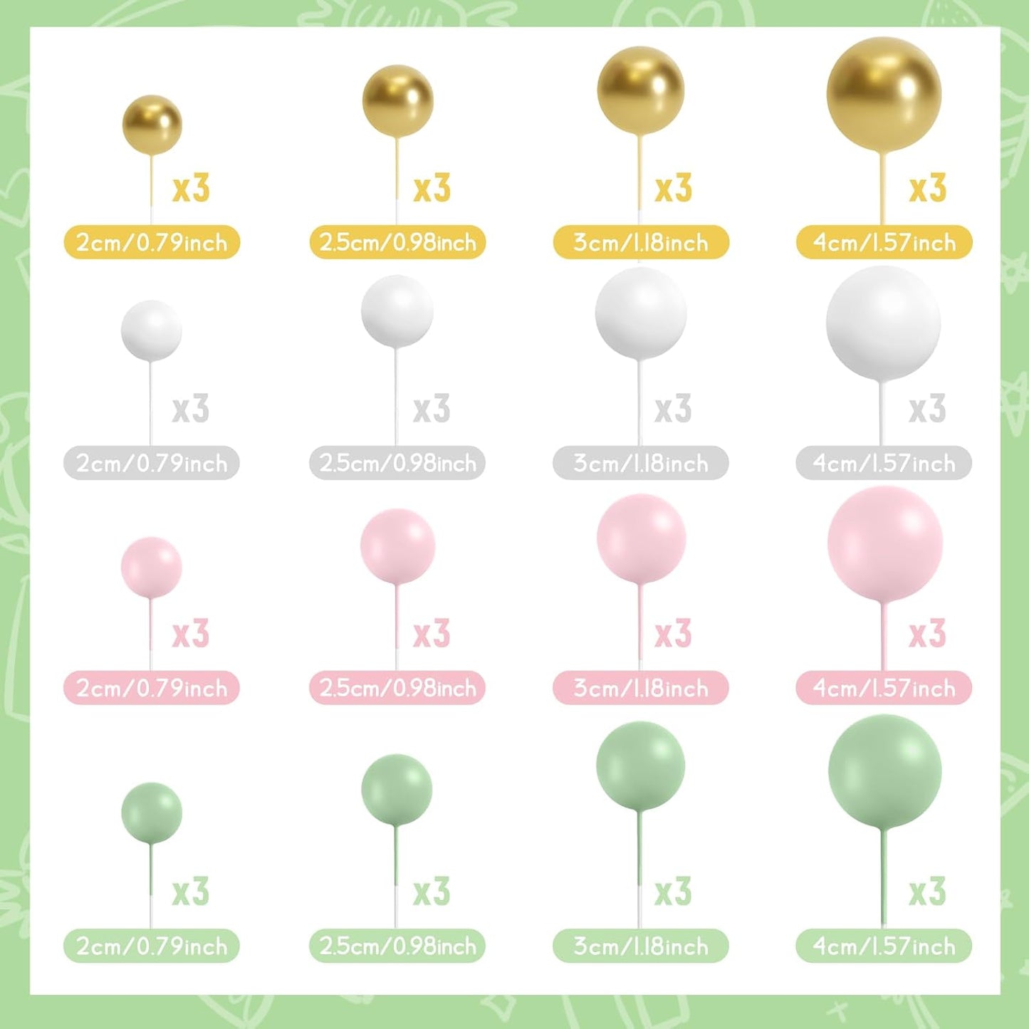 48 Pcs Balls Cake Topper Decorations Balloon Cupcake Toppers Foam Cake Topper Balls Cake Balls Decorations for Birthday Party Wedding Cake Decorating(Green,Pink,White,Gold)