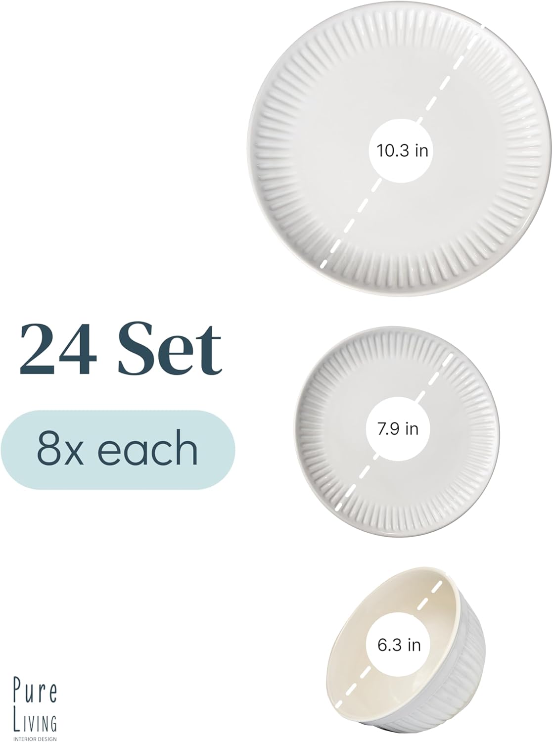 Stoneware Dinnerware Set for 8 People HYGGE 24-Piece - Elegant Scandi Design - Premium Dish Set - Bowl and Plate Set - Tableware for 8 People in a Ribbed Design - Pure Living in White