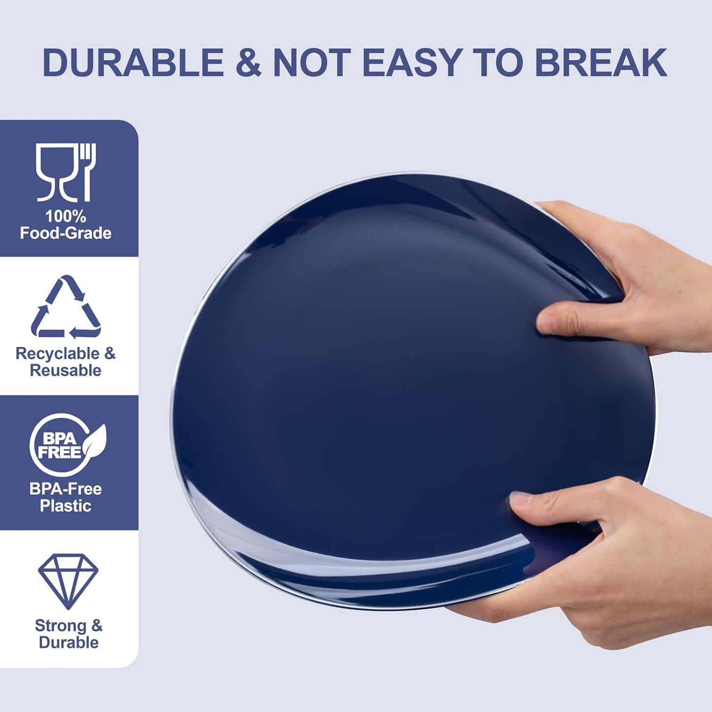 KIRE 200PCS Blue Plastic Plates with Silver Rim - Navy Blue Plastic Plates Include 100 Dinner & Dessert Plate - Heavy Duty Dark Blue Disposable Plate for Parties/Wedding