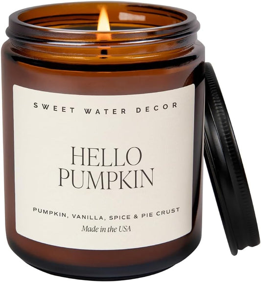 Sweet Water Decor Hello Pumpkin Candle - Fall Soy Candles with Pumpkin, Warm Spices, Vanilla and Buttery Pie Crust - Pumpkin Candles for Home with 40 Hours Burn Time - 9Oz Black Lid Amber Jar Candle
