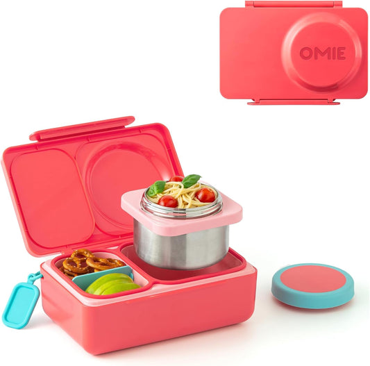 Omie OmieBox UP bento Box for Kids | Insulated Lunch Box | Leak Proof Vacuum Insulated Thermal Food jar | Cooler ice Pack | 2 Compartments (Cherry Pink)