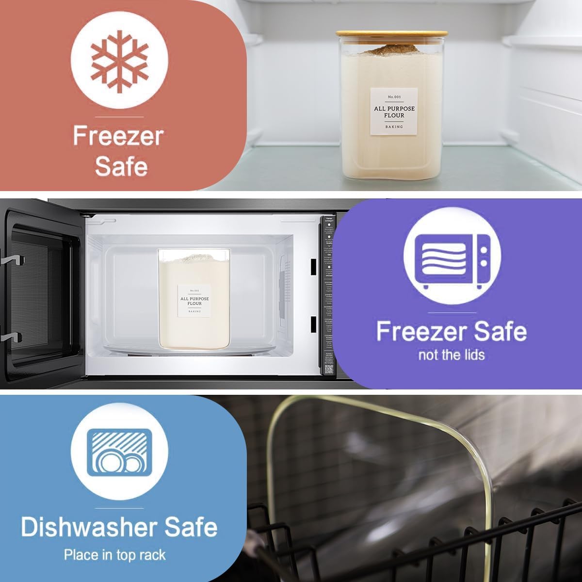 2 Pack Square Glass Flour and Sugar Containers with 132 Kitchen Pantry Labels - Thicken 120 FL OZ Large Glass Storage Jars with Airtight Bamboo Lid - Big Food Canisters for Cookies, Rice, Coffee