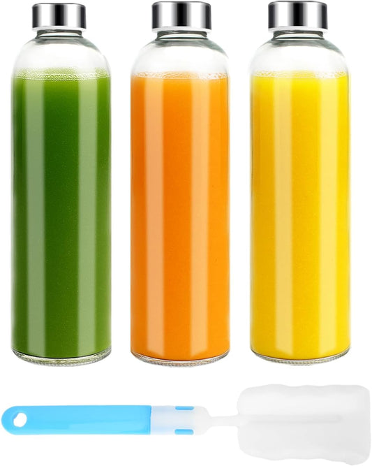 32 oz Clear Glass Water Bottles with Lids, Reusable Glass Juice Bottles with Stainless Steel Cap for Juicing, Refrigerator, 100% Leak Proof, BPA Free, Gift Set of 3