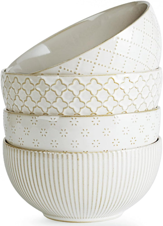 getstar Ceramic Soup Bowls, Cereal Bowl Set of 4 with Assorted Embossment (6.1 inch & 30 oz), Farmhouse Vintage Color Bowls for Kitchen