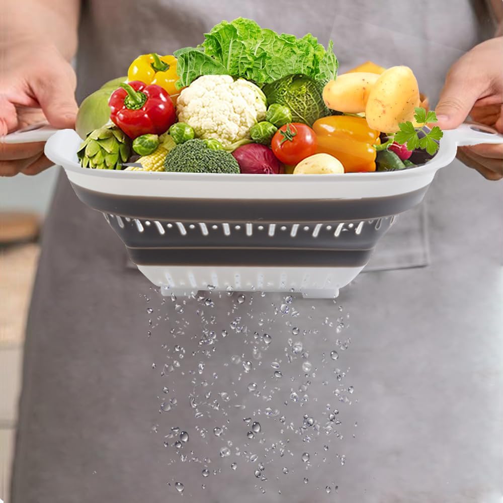 Collapsible Colander Set, Square Round Triangles Silicone Kitchen Strainer Perfect for Draining Pasta Vegetable fruit 2 PCS (10.8"L x 8.6"W x 2"H, Blue & Gray)