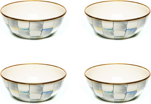 MACKENZIE-CHILDS Enamel Everyday Bowl, Serving Bowl for Entertaining, Extra-Small, Gray-and-White Sterling Check, Set of 4