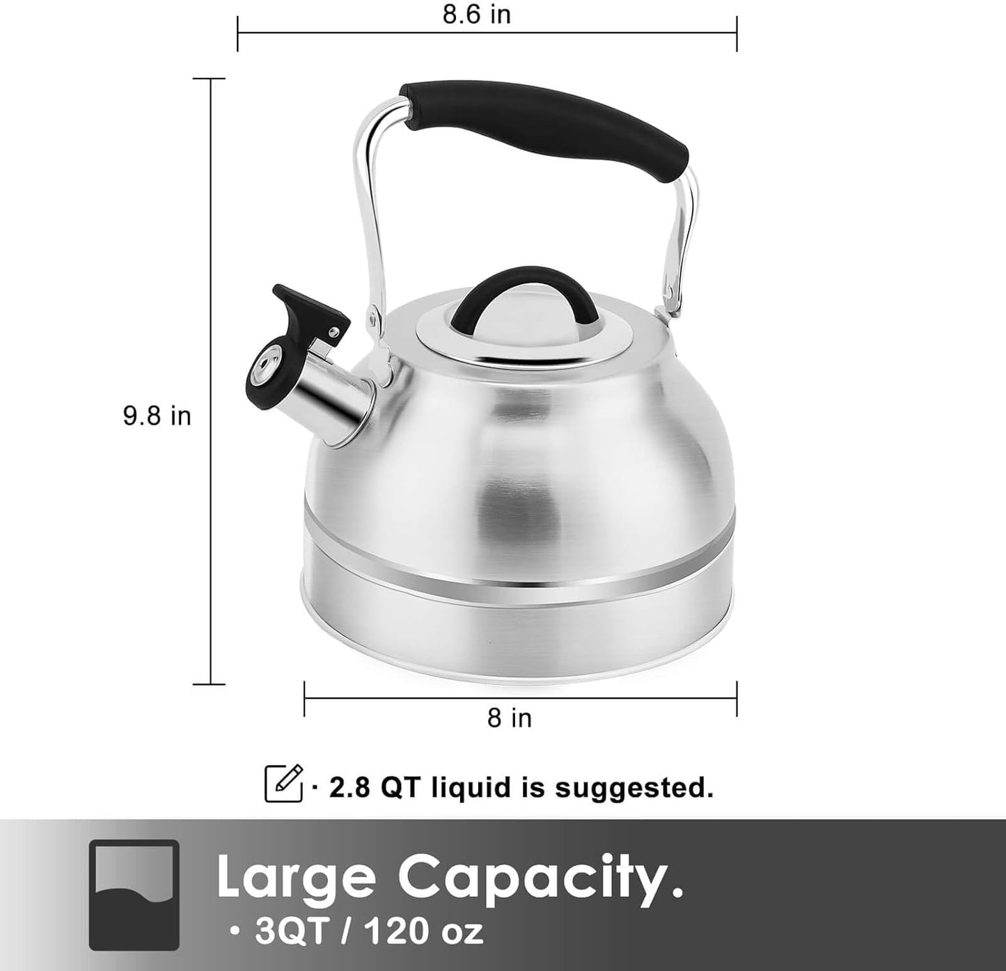 Rorence 3 Quart Tea Kettle: Stainless Steel Whistling Tea Pot with Capsule Bottom for Stovetop - Stainless Steel