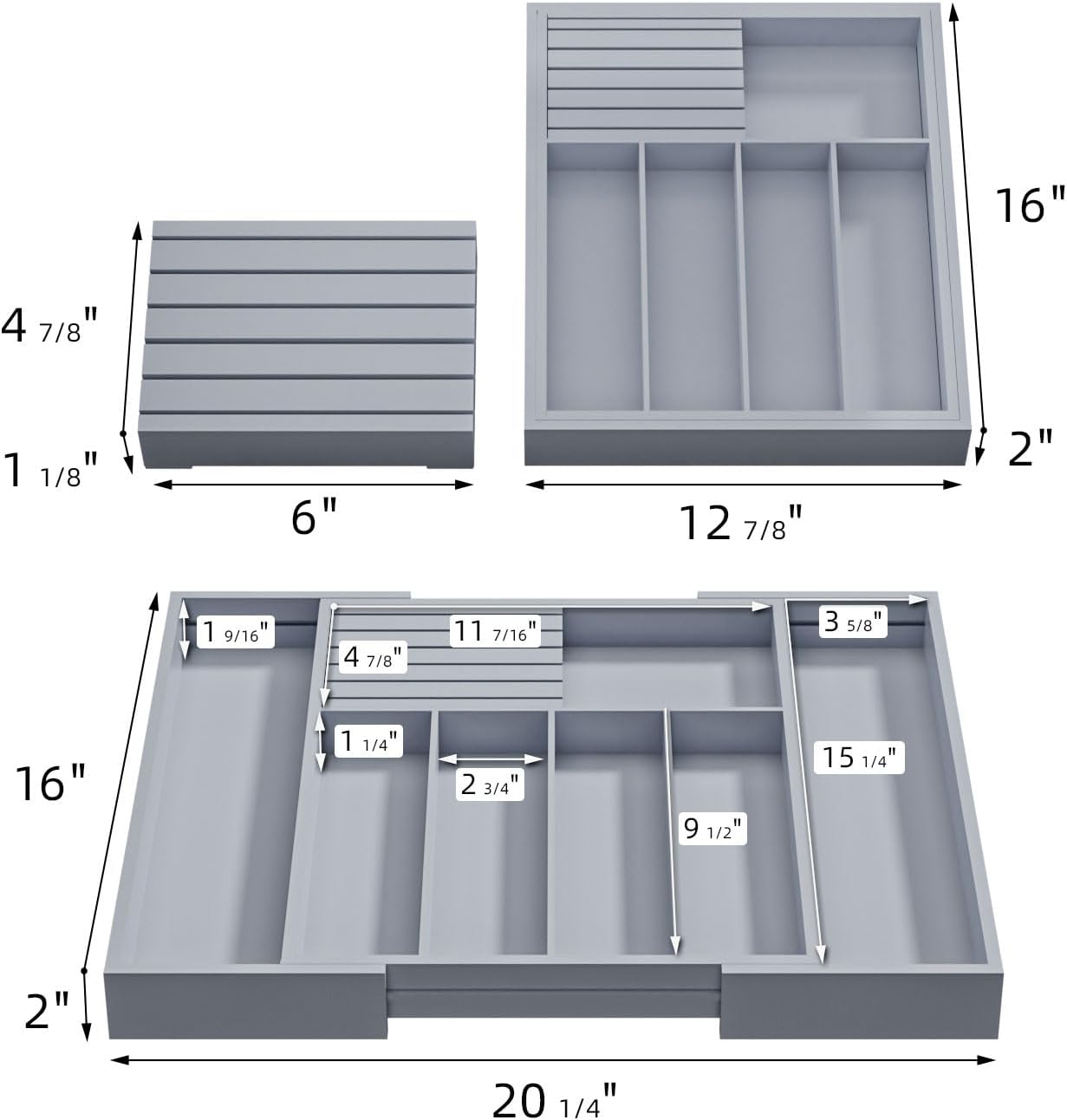 Large Utensil Drawer Organizer with Divider - Removable Kitchen Knife Holder Bamboo Adjustable Flatware Organizer for Drawer W12.8-20.2" x L16 x H2 (Grey)