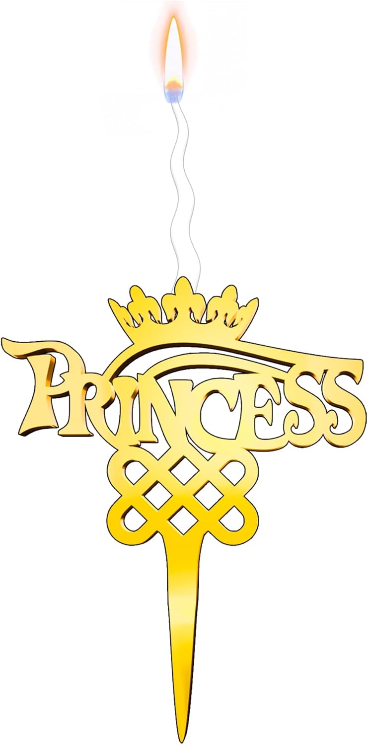 Princess Reusable Gold Romantic Cake Candle - Luxury Cake Topper Candle for Birthdays, Weddings & Anniversaries - Reusable Food Safe Acrylic, Shiny Mirror Finish - Happy Birthday Cake Topper Decor