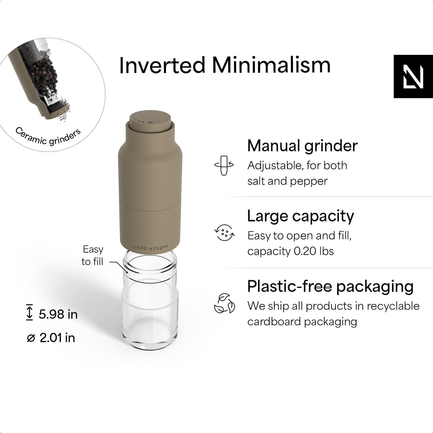 LARS NYSØM Salt and Pepper Grinder Set, Stainless Steel Manual Salt and Pepper Mills, Adjustable Ceramic Grinder, Design Spice Shakers (Taupe Brown)