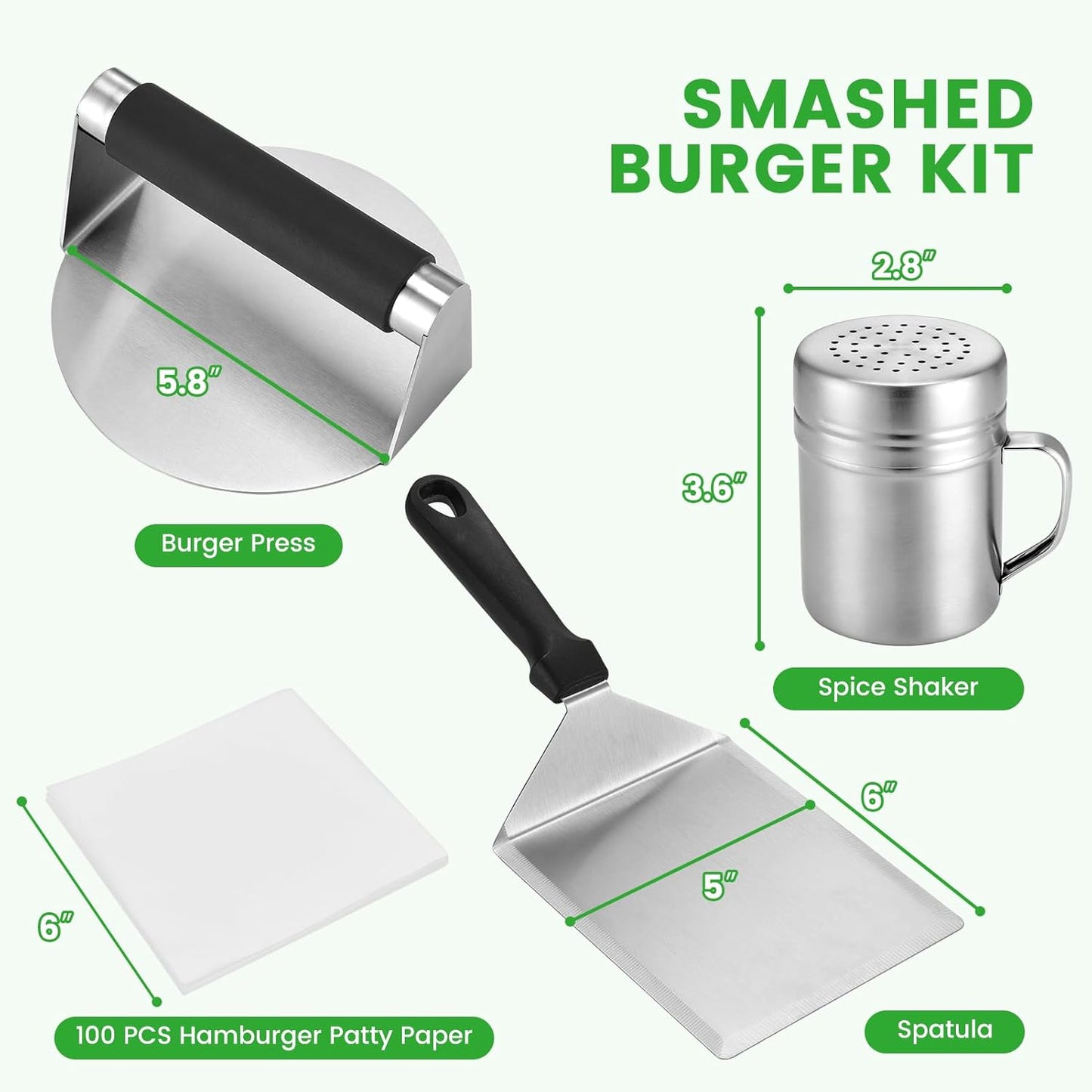 Smashed Burger Press Kit with Stainless Steel Press, Grill Spatula, Seasoning Shaker & Hamburger Patty Papers - Perfect for Blackstone Griddle, BBQs, and Gift Giving