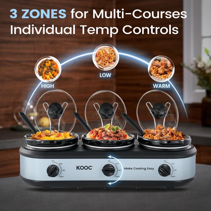 KOOC Triple Slow Cooker Buffet Server and Food Warmer 3x1.5 Quart Individual Temp Control With Lid Rests & Spoons With Liners Included Blue Grey