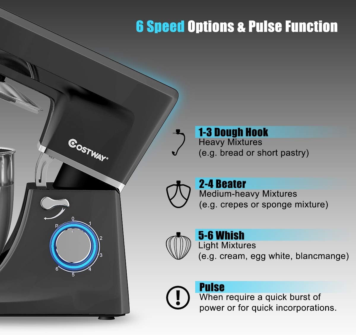 COSTWAY Stand Mixer, 6-Speed 7.5 QT Tilt-head Electric Kitchen Food Mixer 660W with Stainless Steel Bowl, Dough Hook, Beater, Whisk