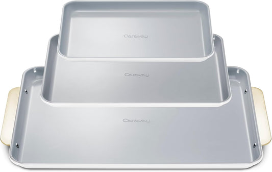 Caraway Non-Stick Ceramic Baking Sheet Trio - Naturally Slick Ceramic Coating - Non-Toxic, PTFE & PFOA Free - 18 x 13" Large, 15 x 10" Medium, & 9" x 13" Small - White