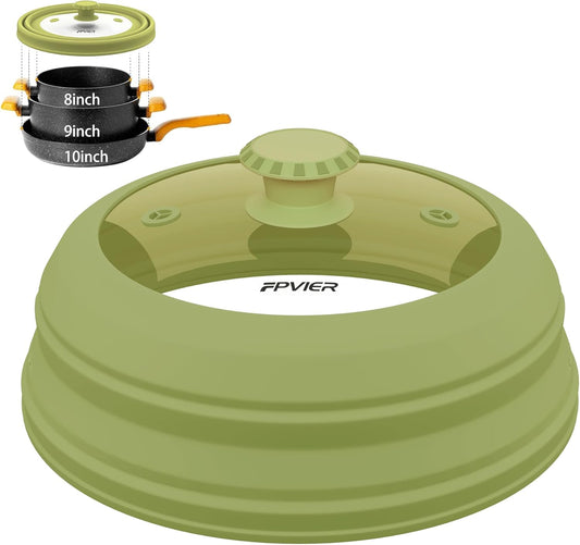 Collapsible Microwave Splatter Cover - Vented Silicone & Glass Lid with Easy-Grip Handle, Fits 6 to 10 Inch Plates & Bowls, 10.8 Inch Diameter, Prevents Splatters & Ensures Even Heating