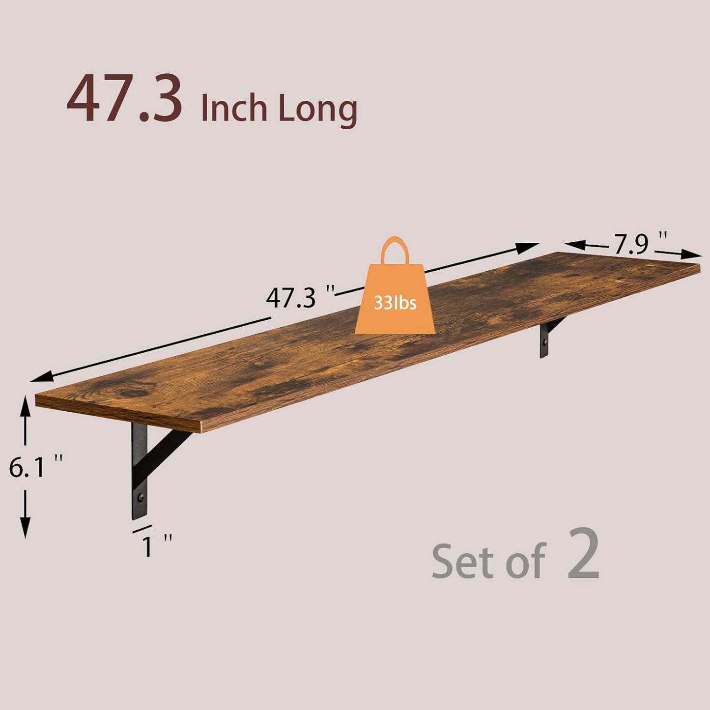 DINZI LVJ Long Wall Shelves, 47.3Inch Wall Mounted Shelves Set of 2, Extra Large Wall Storage Ledges with Sturdy Metal Brackets for Living Room, Bathroom, Bedroom, Kitchen, Rustic Brown